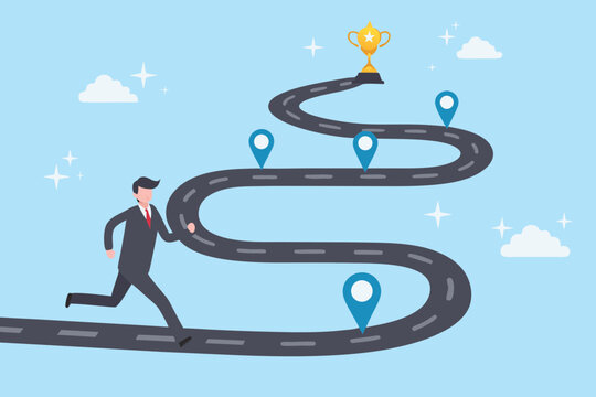 Businessman running on a winding road towards a golden trophy at the end of the journey