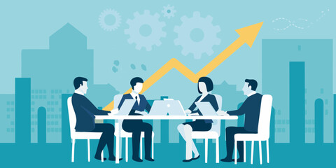 Diverse business professionals collaborating around a table with laptops and a rising graph symbolizing growth and success