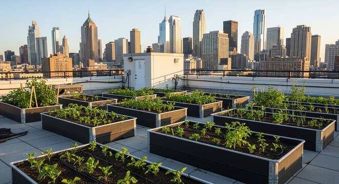 Urban Rooftop Garden with City Skyline - Powered by Adobe