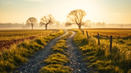 Fototapeta premium A quiet forked road through a serene landscape, bathed in soft morning light.