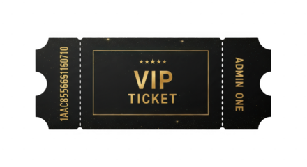 An exclusive black and gold vip ticket, adorned with stars and premium text for special access isolated on transparent background