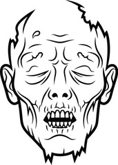 Zombie head illustration with decaying features in black outline