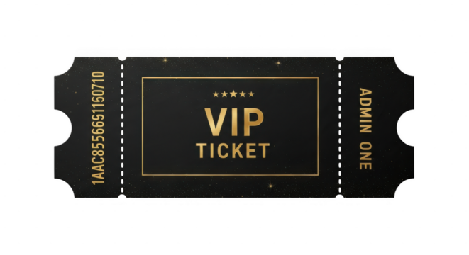 An exclusive black and gold vip ticket, adorned with stars and premium text for special access isolated on transparent background