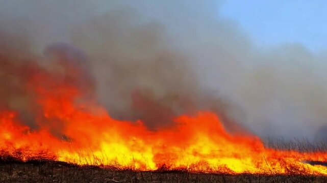  Raging Grassfire with Thick Smoke in Dry Field.