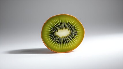 Close-up of a sliced kiwi fruit on white background, revealing vibrant green flesh and fresh water droplets.
