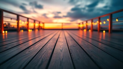 Wooden deck at twilight with warm ambient lighting, offering a peaceful and atmospheric outdoor setting.