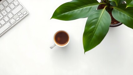 Minimalist workspace with coffee cup and greenery, showcasing simplicity and productivity from above.