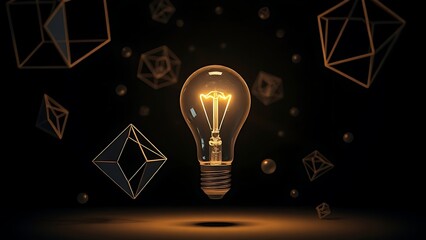 Lightbulb surrounded by floating geometric shapes, symbolizing innovation against dark backdrop.