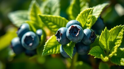 Fresh blueberry leaves with vibrant green tones, captured in macro detail under natural sunlight.
