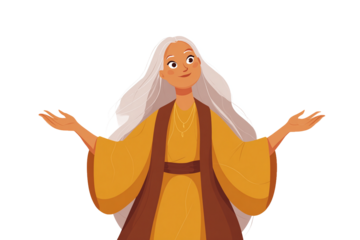 Wise elderly woman with long white hair in a welcoming pose isolated on white transparent background.