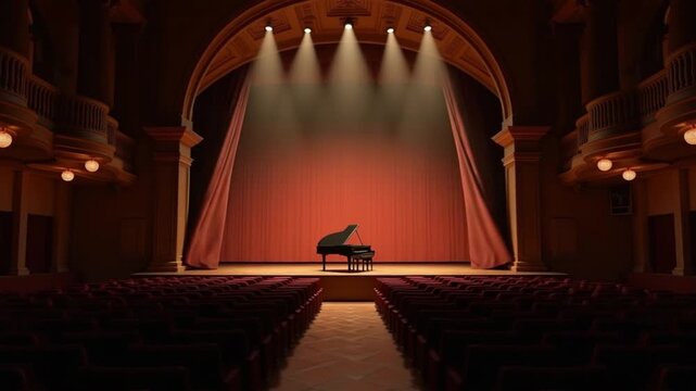 CGI Elegant old opera house interior with grand piano and stage lighting at night