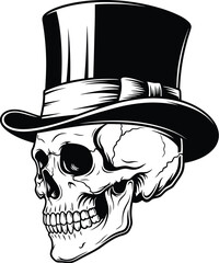 Skull wearing a top hat in black and white vector illustration