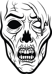Creepy zombie face illustration with decaying features design