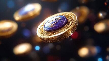 Gold coins with a dark-blue center, in motion, bokeh effect