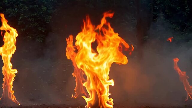 A powerful trinity of blazing orange flames erupting against a dark, smoky backdrop at night