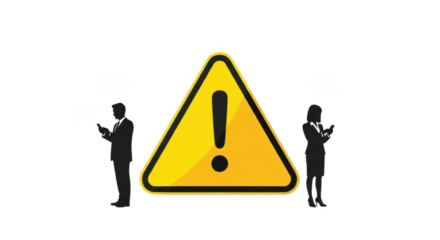 A yellow triangular warning sign with an exclamation mark, flanked by silhouetted figures of a man and a woman, both looking at their phones isolated on transparent background