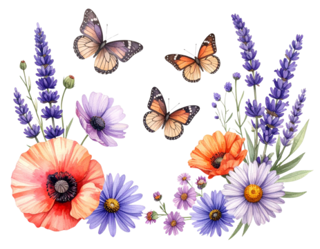 Vintage Watercolor Wildflower Arrangement with Butterflies, Flat Lay Composition, Isolated on White