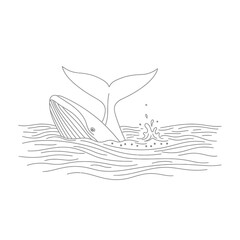 Whale tail jumping out of water line art illustration