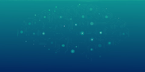 Abstract digital network of interconnected hexagonal shapes and glowing nodes on a dark blue to teal gradient background