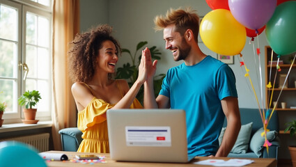 A  interior scene of a happy young couple