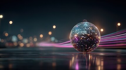 Shiny disco ball in motion with light trails, long-exposure simulation capturing dynamic speed and motion blur, perfect for dance club branding, nightlife advertising, and high-energy event visuals.