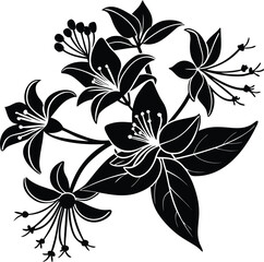 Elegant Black and White Floral Vector Design with Blossoms and Leaves