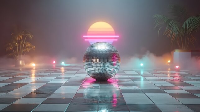 Retro-inspired disco scene featuring a shiny mirror ball on a checkered dance floor with neon sun backdrop and colorful ambient lights, perfect for 80s themed party posters and music flyers.