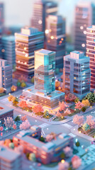 3d low poly clay style busy Downtown Tall glass tower