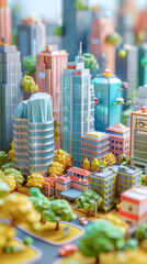 3d low poly clay style busy Downtown Tall glass tower