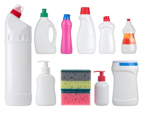 Assorted cleaning supplies in various colors and types