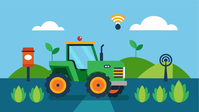 An AIequipped tractor using GPS technology to precisely plant seeds and apply fertilizers with minimal waste and maximum efficiency.. Vector illustration