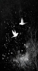 Two white birds in flight, amidst a wintry night forest.