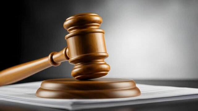 Wooden Gavel Resting on a Docket in a Courtroom Setting.