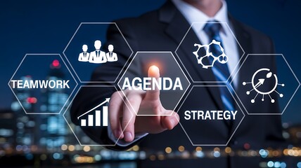 Businessman touching agenda icon on a digital interface with city lights background