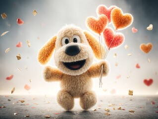 Fototapeta premium a cute stuffed dog mascot carrying balloons and confetti