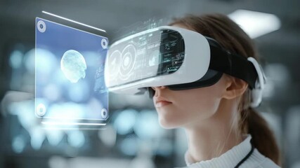 Woman in VR headset with digital overlay. - Powered by Adobe