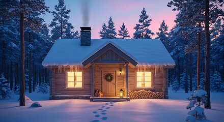 A cozy log cabin nestled in a snowy forest at twilight, bathed in warm, inviting light.