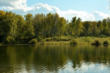 Reflection of dense forest and cloudy sky in the shaky surface of a beautiful lake on a sunny summer day.