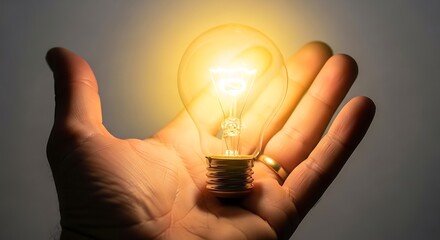 A glowing incandescent light bulb held gently in a hand, showcasing a warm and optimistic concept.