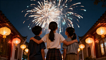 Three children stood with their backs to the camera, looking up at the fireworks blooming in the sky, surrounded by several lanterns. Chinese New Year, a joyous and warm atmosphere.Generated by AI