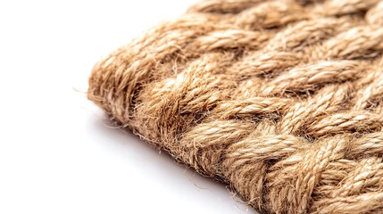 Fototapeta premium Thick Brown Twisted Jute Rope Coiled on a White Surface Closeup Texture