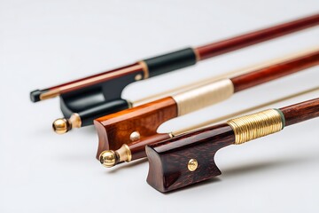 Fototapeta premium Three antique wooden violin bows placed diagonally on white background in studio shot
