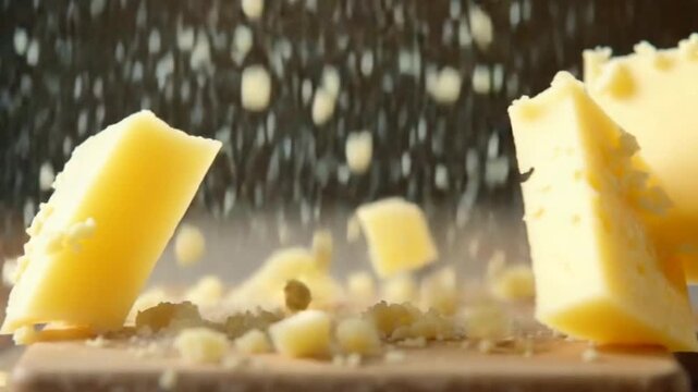 Parmesan cheese falls on a wooden board. Filmed on a high-speed camera at 1000 fps. High quality FullHD footage