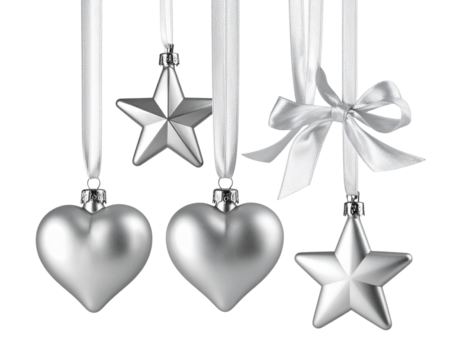 Silver Metallic Hearts and Stars Hanging as Ornaments with Ribbons, Side Angle View, Isolated on White. - Powered by Adobe