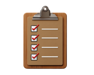 Checklist clipboard paper with four red check marks brown wood texture metal clip transparency background productivity concept organization planning and task management