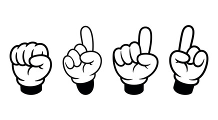 Cartoon hands showing fist and pointing fingers on white background