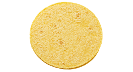 A single round yellow corn tortilla isolated on a white background.