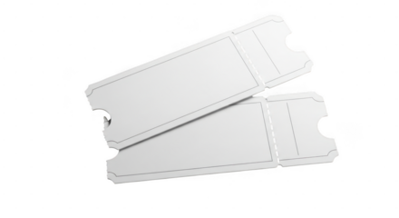 Two blank white tickets with perforated edges are angled and overlapping on a transparent background