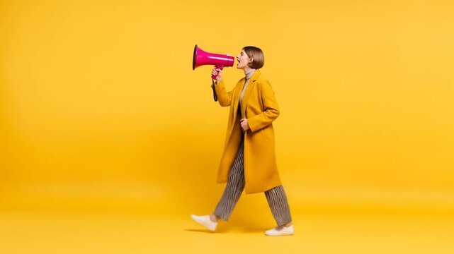 Young woman in yellow coat walking and shouting through a pink megaphone on a vibrant yellow background.