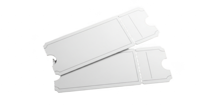 Two blank white tickets with perforated edges are angled and overlapping on a transparent background